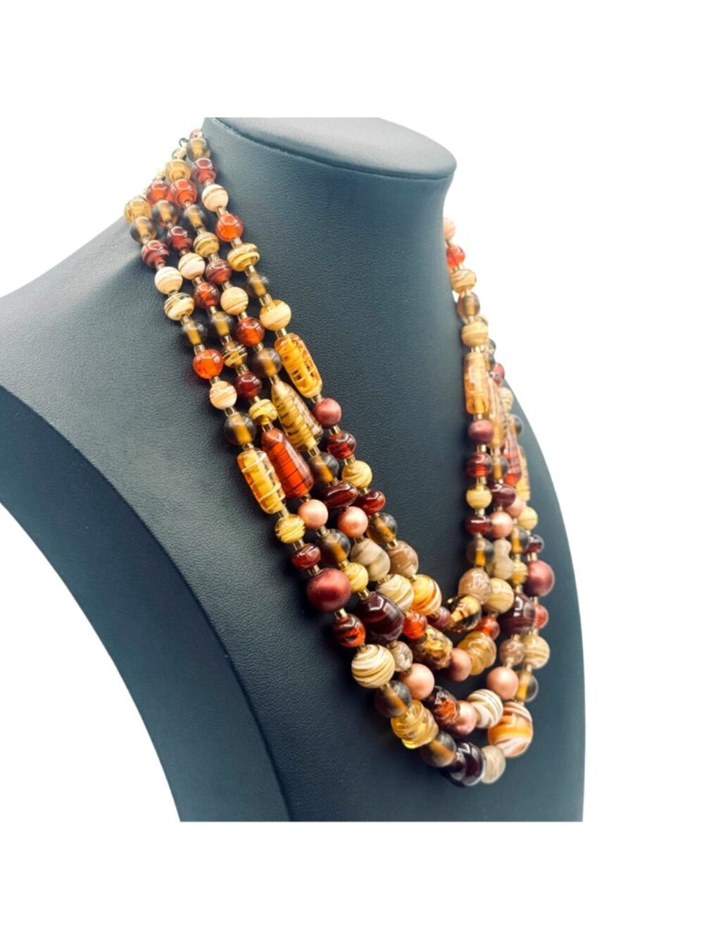 Vintage Multi-Strand Glass Bead Bib Necklace Handmade Lampwork Fall Colors - Picture 2 of 9